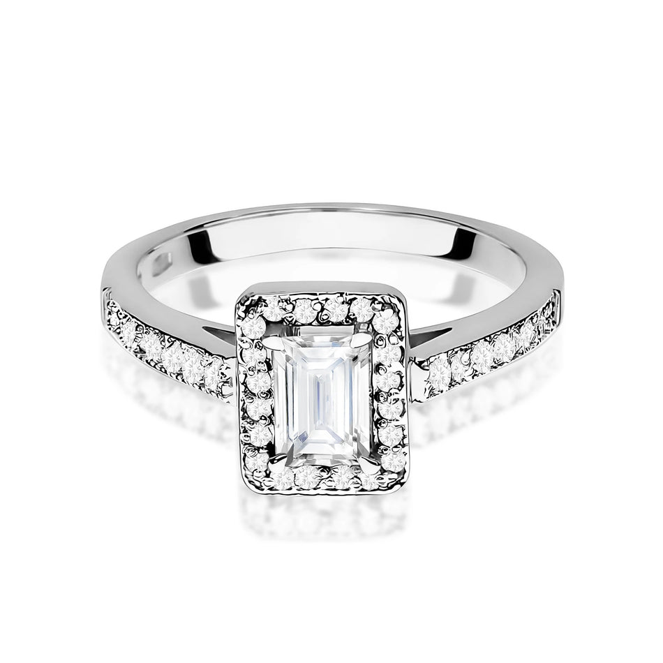 Ring aus Weißgold – Labordiamant 0,60 ct, Emerald, ergänzt durch 14 × 0,0086 ct + 20 × 0,005 ct Labordiamanten