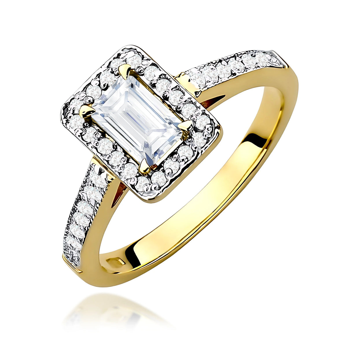 Ring aus Gelbgold – Labordiamant 0,60 ct, Emerald, ergänzt durch 14 × 0,0086 ct + 20 × 0,005 ct Labordiamanten