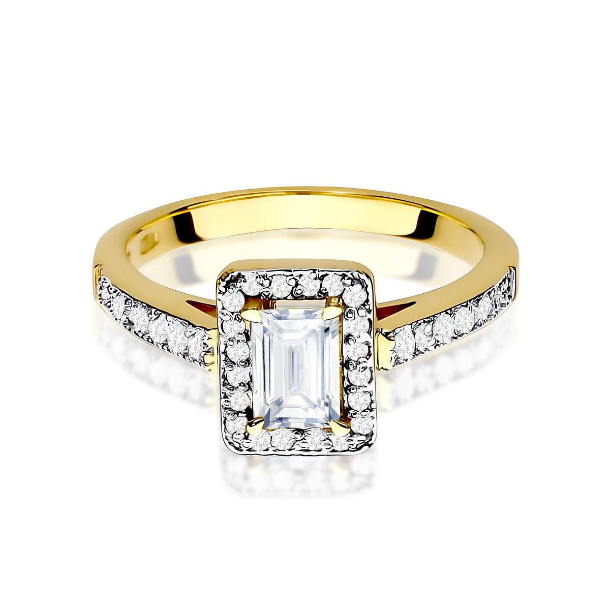 Ring aus Gelbgold – Labordiamant 0,60 ct, Emerald, ergänzt durch 14 × 0,0086 ct + 20 × 0,005 ct Labordiamanten