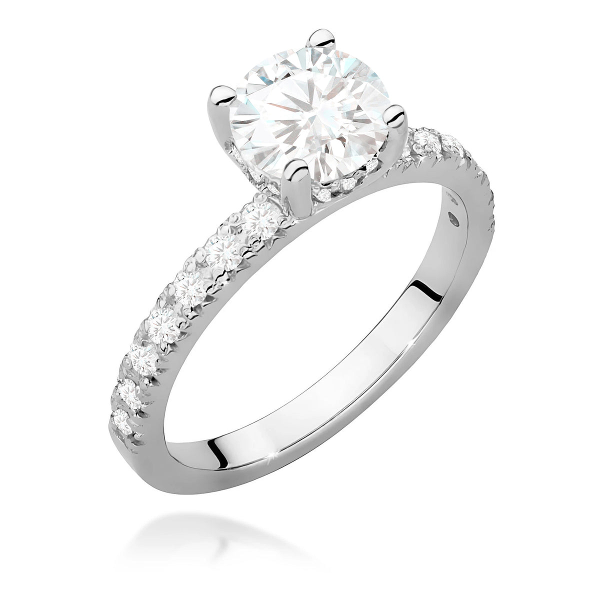 Ring aus Weißgold – Labordiamant 1,00 ct, Round/Brilliant, ergänzt durch 12 × 0,005 ct + 14 × 0,0145 ct Labordiamanten
