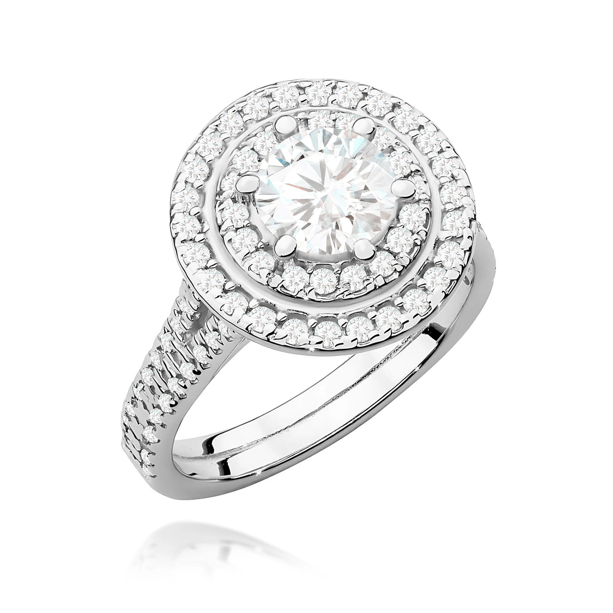 Doppel-Halo-Pavé-Ring aus 585er Weißgold mit 0,70 ct Round/Brilliant-Labordiamant und 0,633 ct Labordiamanten