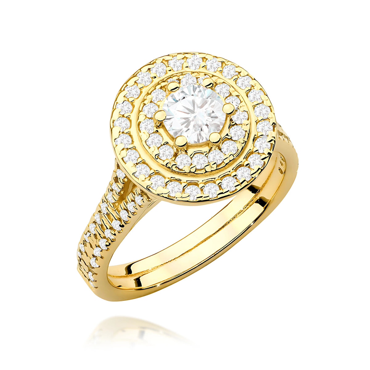 Double-Halo-Pavé-Ring aus 585er Gelbgold mit 0,40 ct Round/Brilliant-Labordiamant und 0,613 ct Labordiamanten
