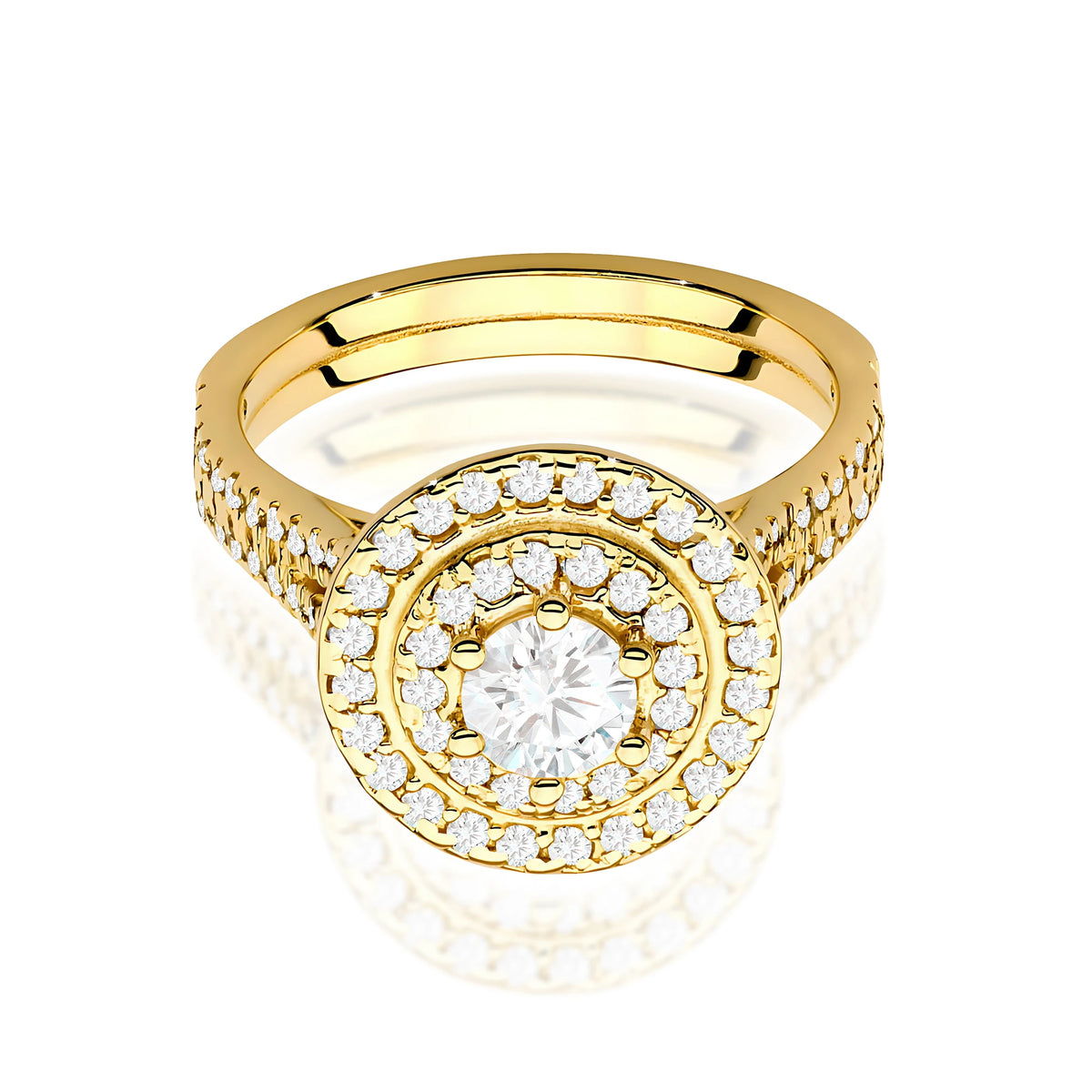 Double-Halo-Pavé-Ring aus 585er Gelbgold mit 0,40 ct Round/Brilliant-Labordiamant und 0,613 ct Labordiamanten