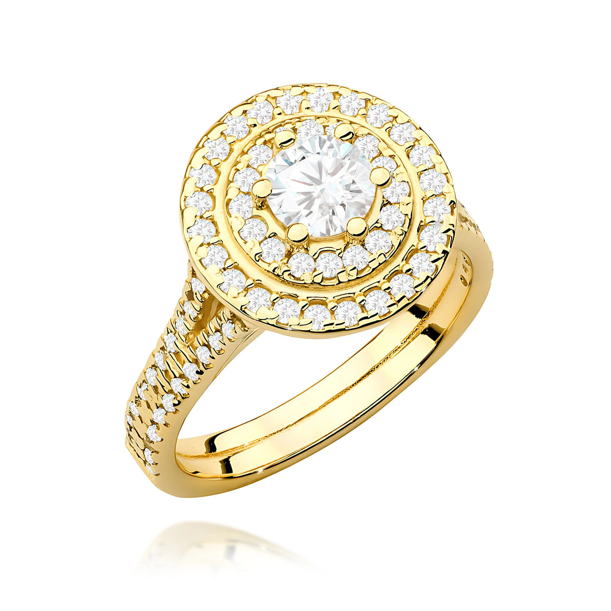 Double-Halo-Pavé-Ring aus 585er Gelbgold mit 0,50 ct Round/Brilliant-Labordiamant und 0,613 ct Labordiamanten