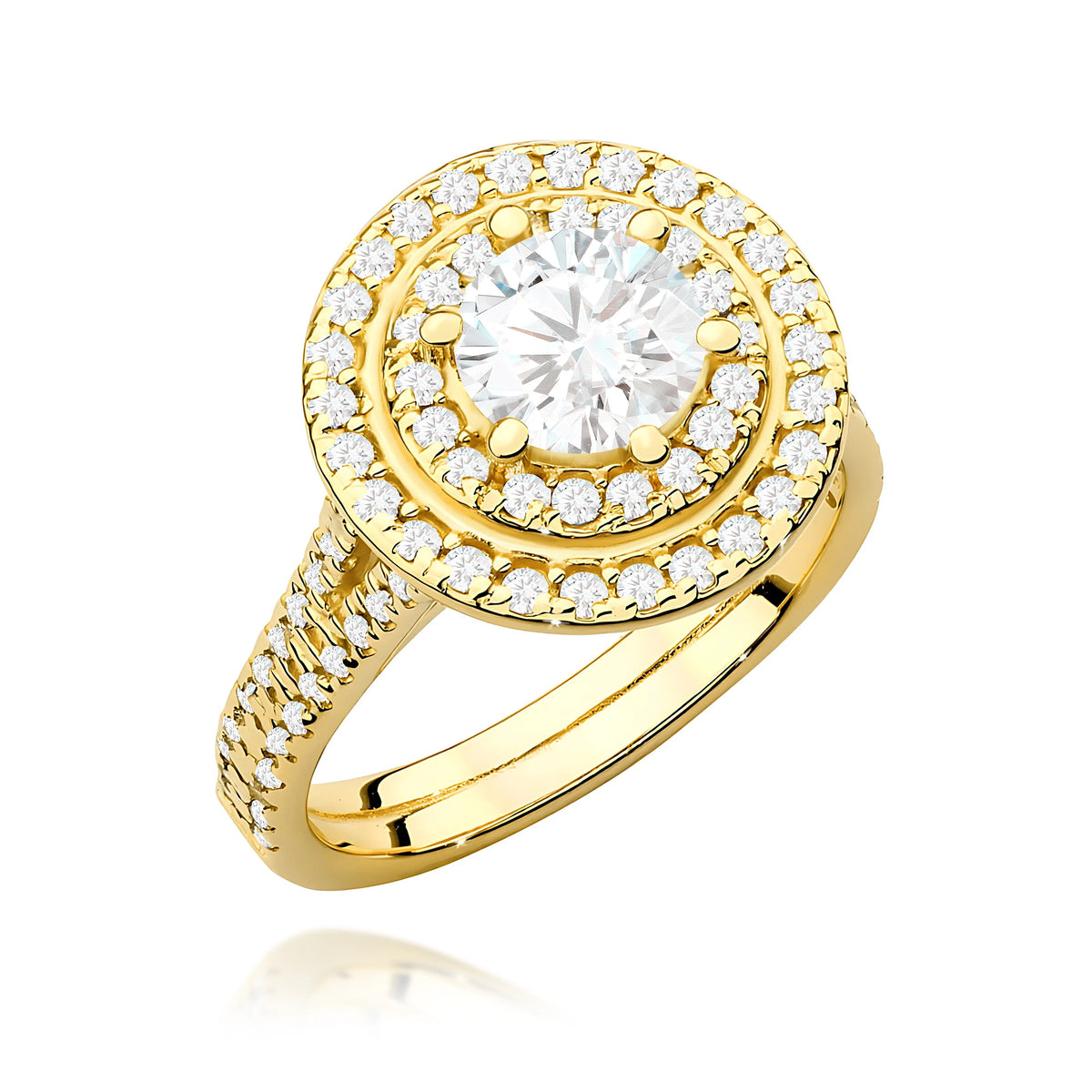 Doppel-Halo-Pavé-Ring aus 585er Gelbgold mit 0,70 ct Round/Brilliant-Labordiamant und 0,633 ct Labordiamanten