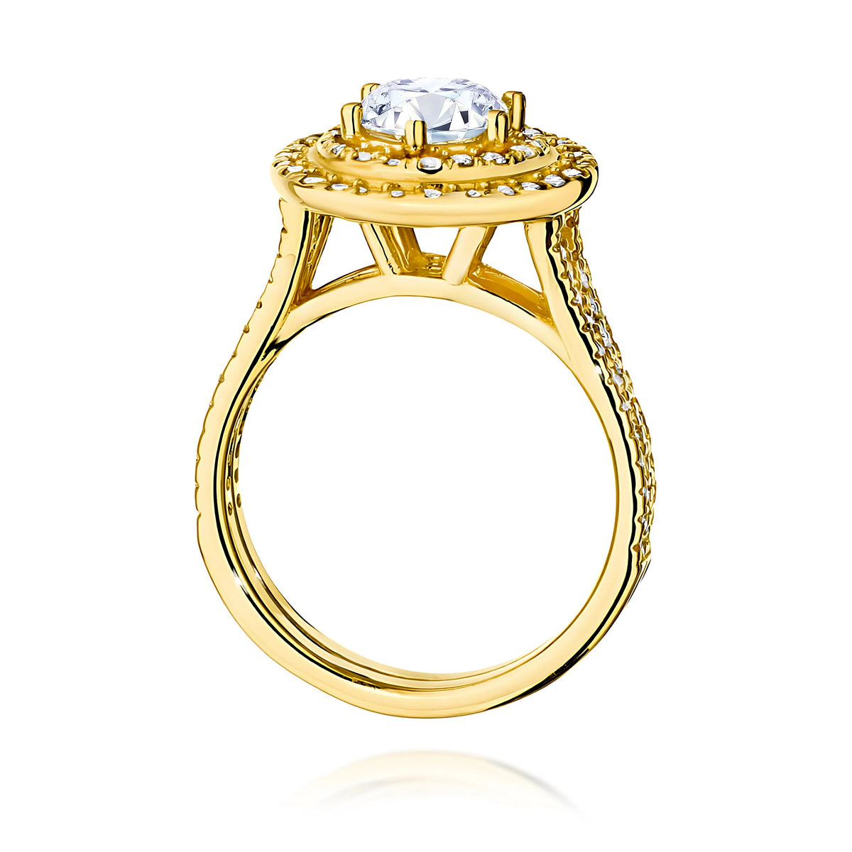 Doppel-Halo-Pavé-Ring aus 585er Gelbgold mit 0,70 ct Round/Brilliant-Labordiamant und 0,633 ct Labordiamanten