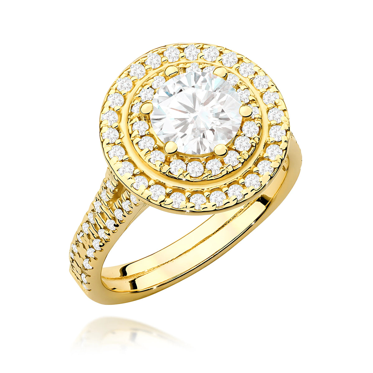 Doppel-Halo-Pavé-Ring aus 585er Gelbgold mit 1,00 ct Round/Brilliant-Labordiamant und 0,633 ct Labordiamanten