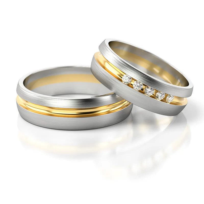 Elegant Two-color Gold Wedding Bands Rings with Diamonds 6mm