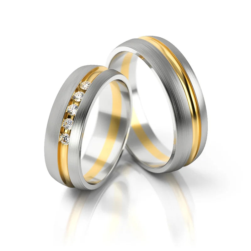 Elegant Two-color Gold Wedding Bands Rings with Diamonds 6mm