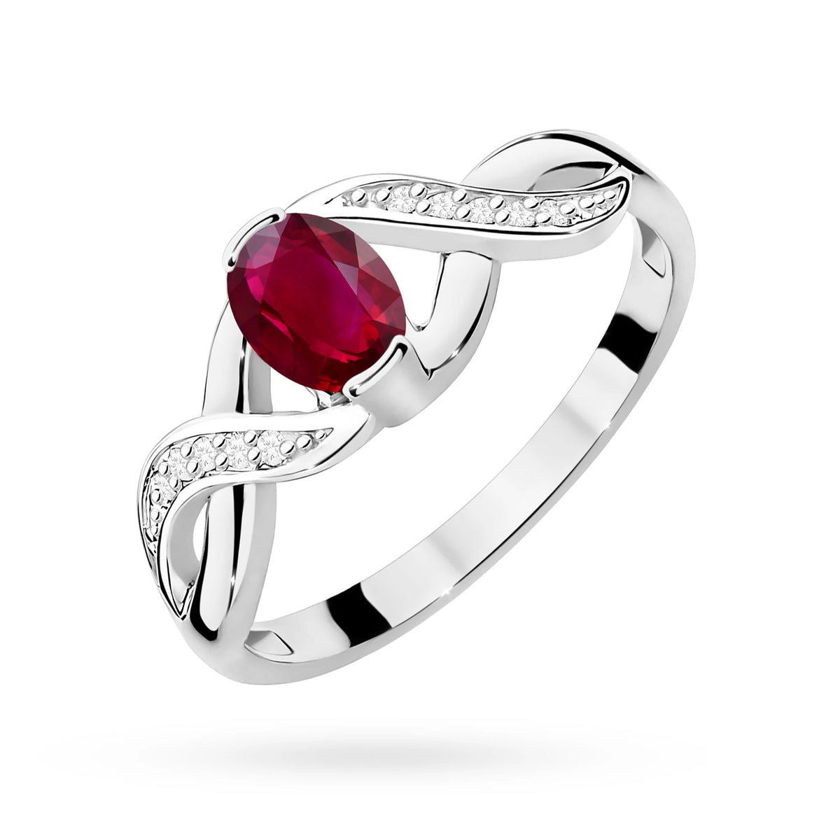 Unendlichkeitsring aus 585er Weißgold mit ovalem Rubin 0,60 ct und Diamanten 0,05 ct