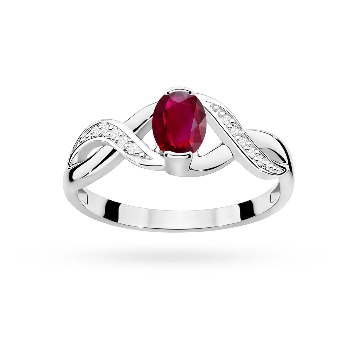 Unendlichkeitsring aus 585er Weißgold mit ovalem Rubin 0,60 ct und Diamanten 0,05 ct