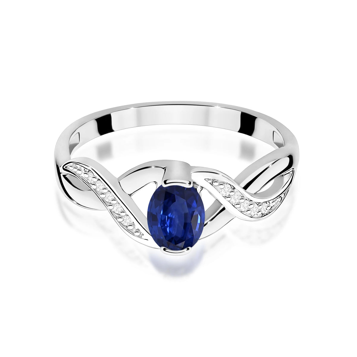 Infinity-Ring aus 585er Weißgold mit ovalem Saphir 0,70 ct und Diamanten 0,05 ct