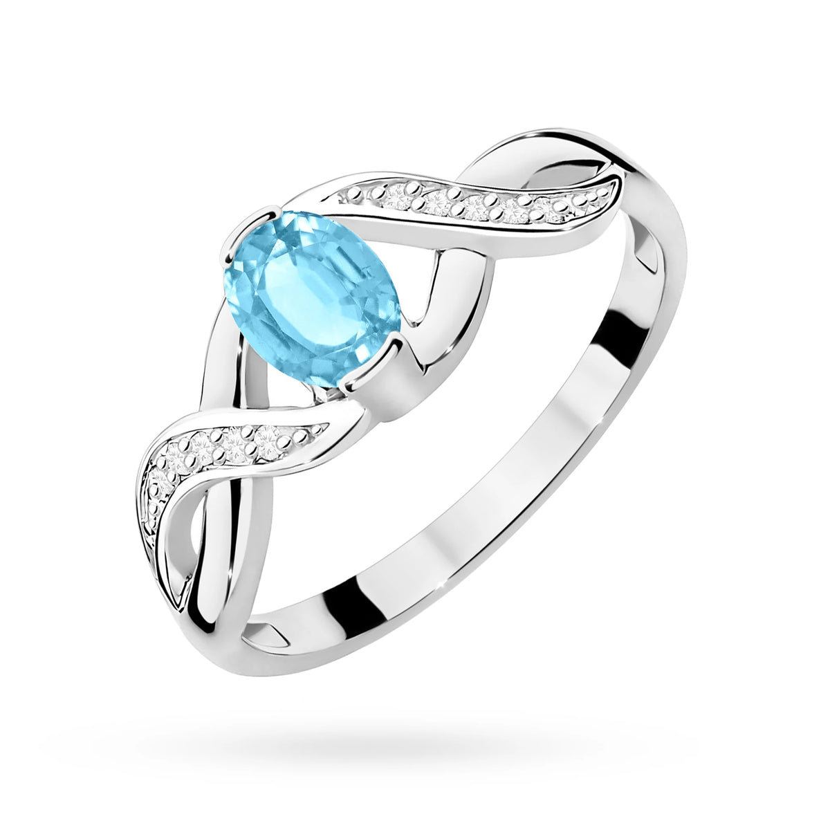 Unendlichkeitsring aus 585er Weißgold mit ovalem Swiss-Blue-Topas 0,50 ct und Diamanten 0,05 ct