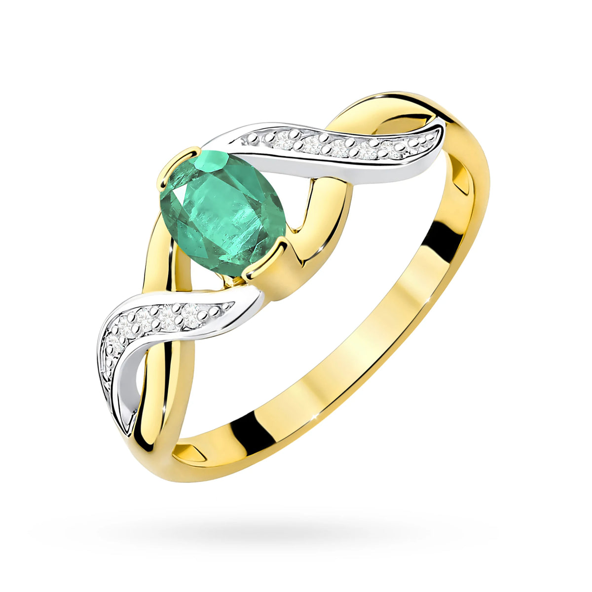 Unendlichkeitsring aus 585er Gelbgold mit ovalem Smaragd 0,40 ct und Diamanten 0,05 ct