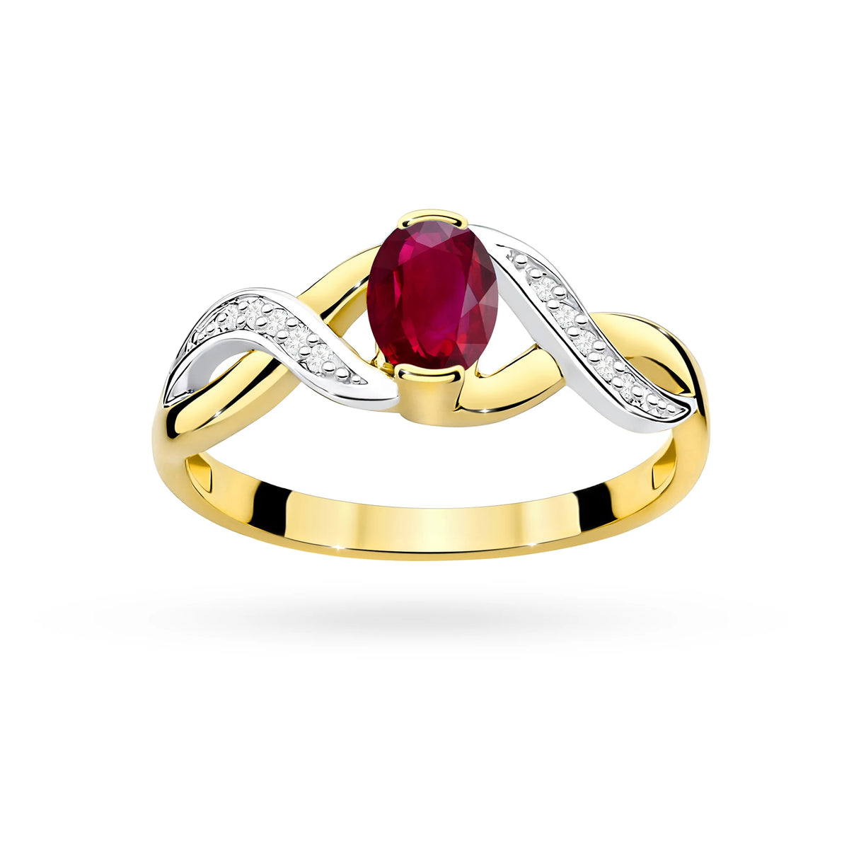 Unendlichkeitsring aus 585er Gelbgold mit ovalem Rubin 0,60 ct und Diamanten 0,05 ct