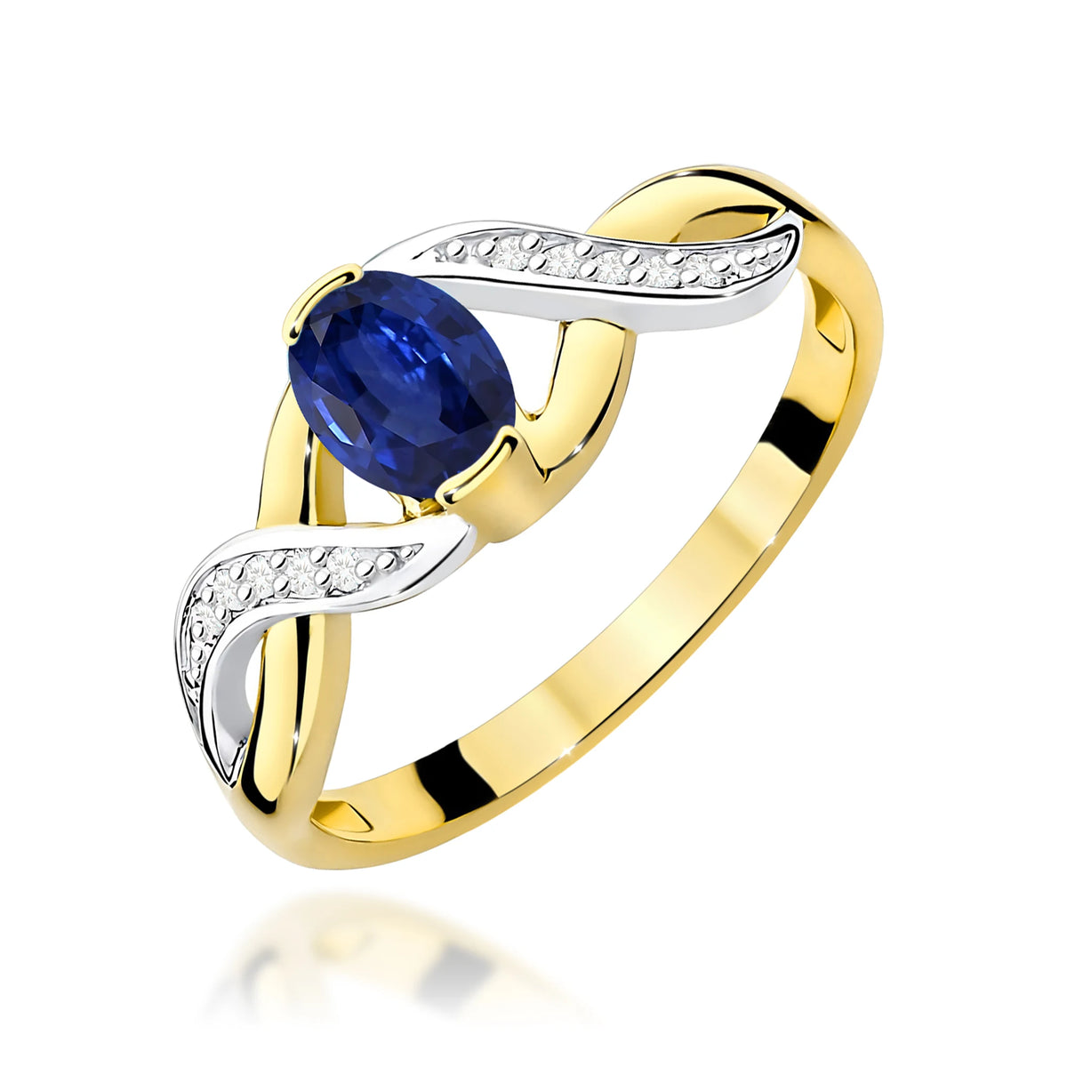 Unendlichkeitsring aus 585er Gelbgold mit ovalem blauem Saphir 0,70 ct und Diamanten 0,05 ct
