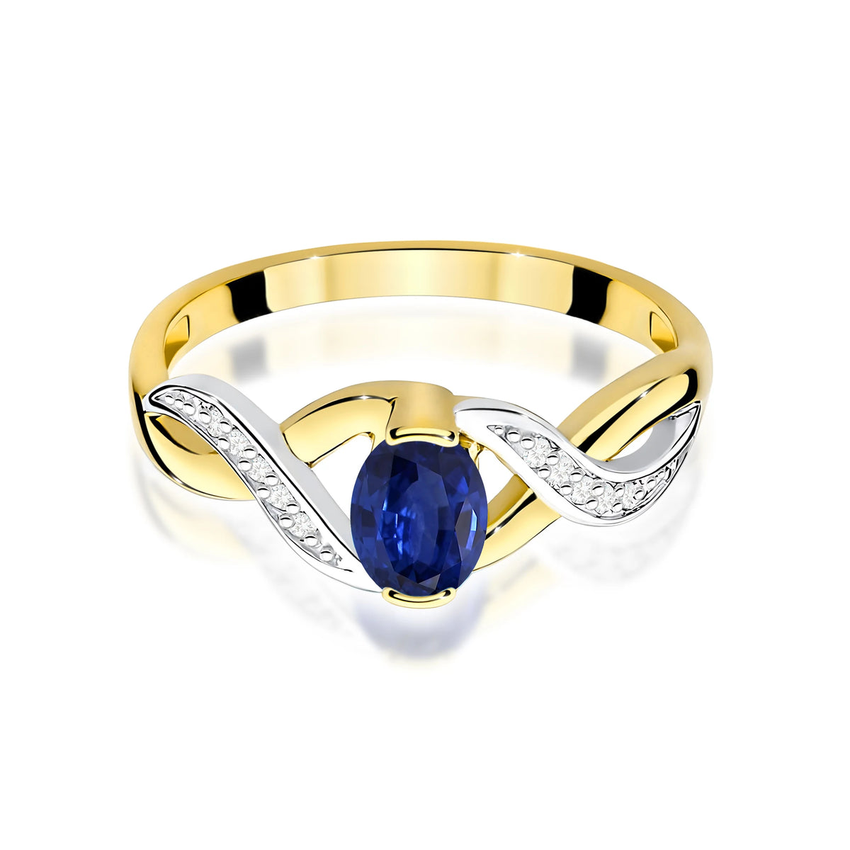 Unendlichkeitsring aus 585er Gelbgold mit ovalem blauem Saphir 0,70 ct und Diamanten 0,05 ct