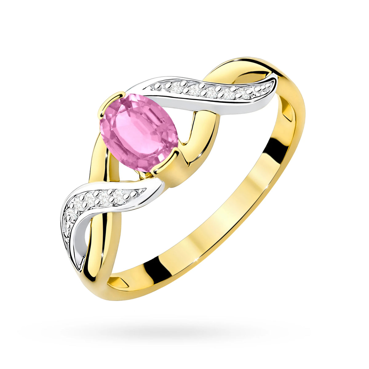 Unendlichkeitsring aus 585er Gelbgold mit ovalem rosa Saphir 0,45 ct und Diamanten 0,05 ct