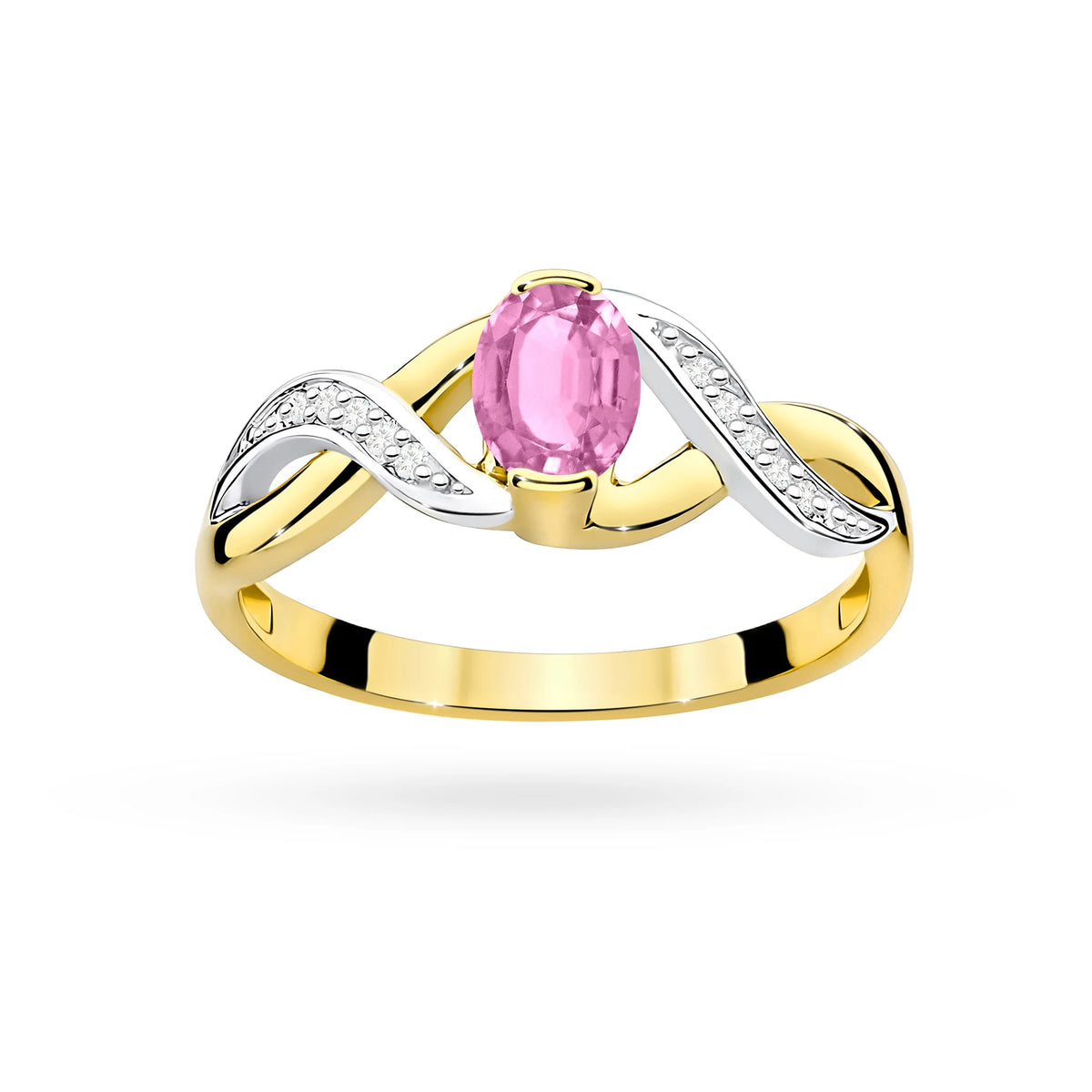 Unendlichkeitsring aus 585er Gelbgold mit ovalem rosa Saphir 0,45 ct und Diamanten 0,05 ct