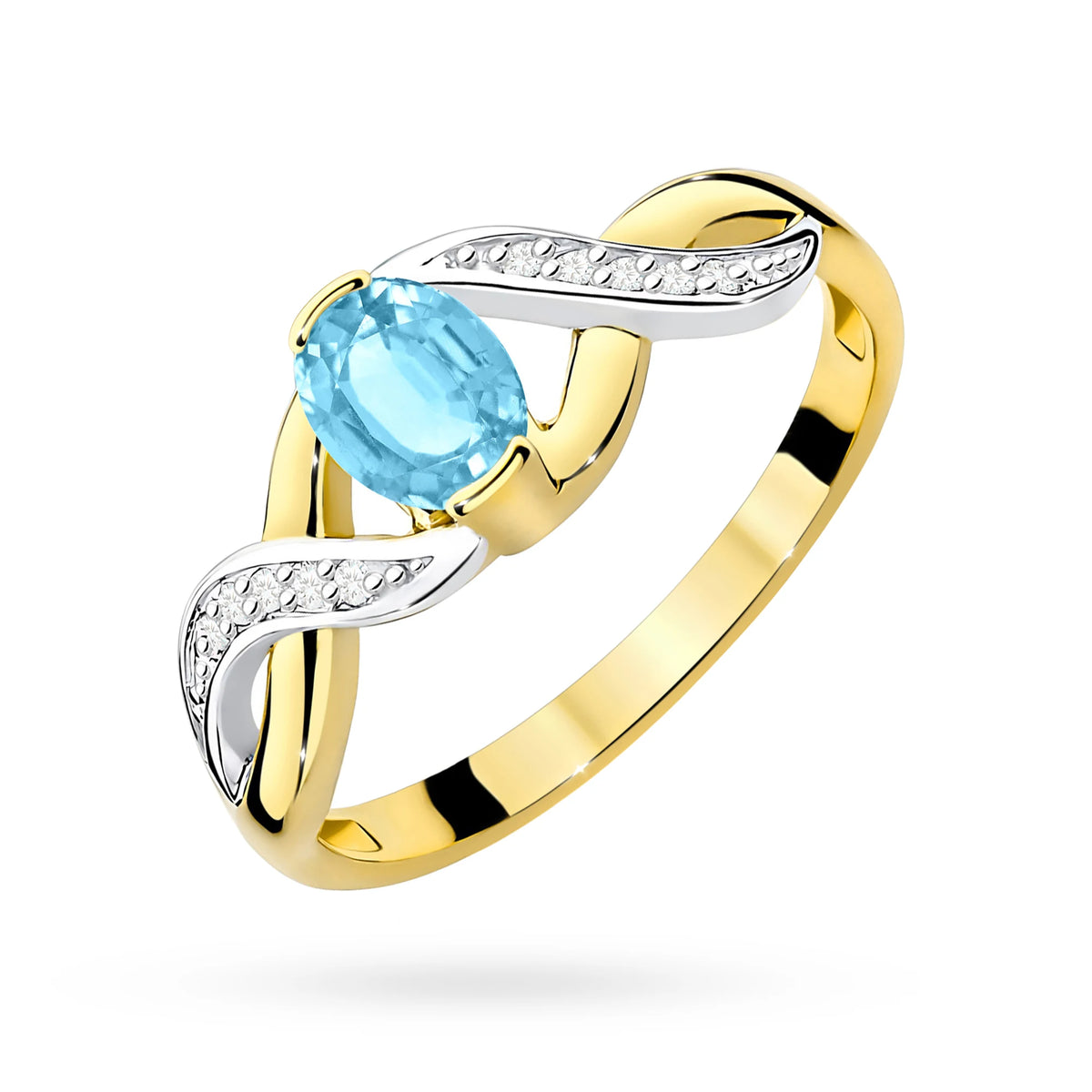Unendlichkeitsring aus 585er Gelbgold mit ovalem Swiss-Blue-Topas 0,50 ct und Diamanten 0,05 ct