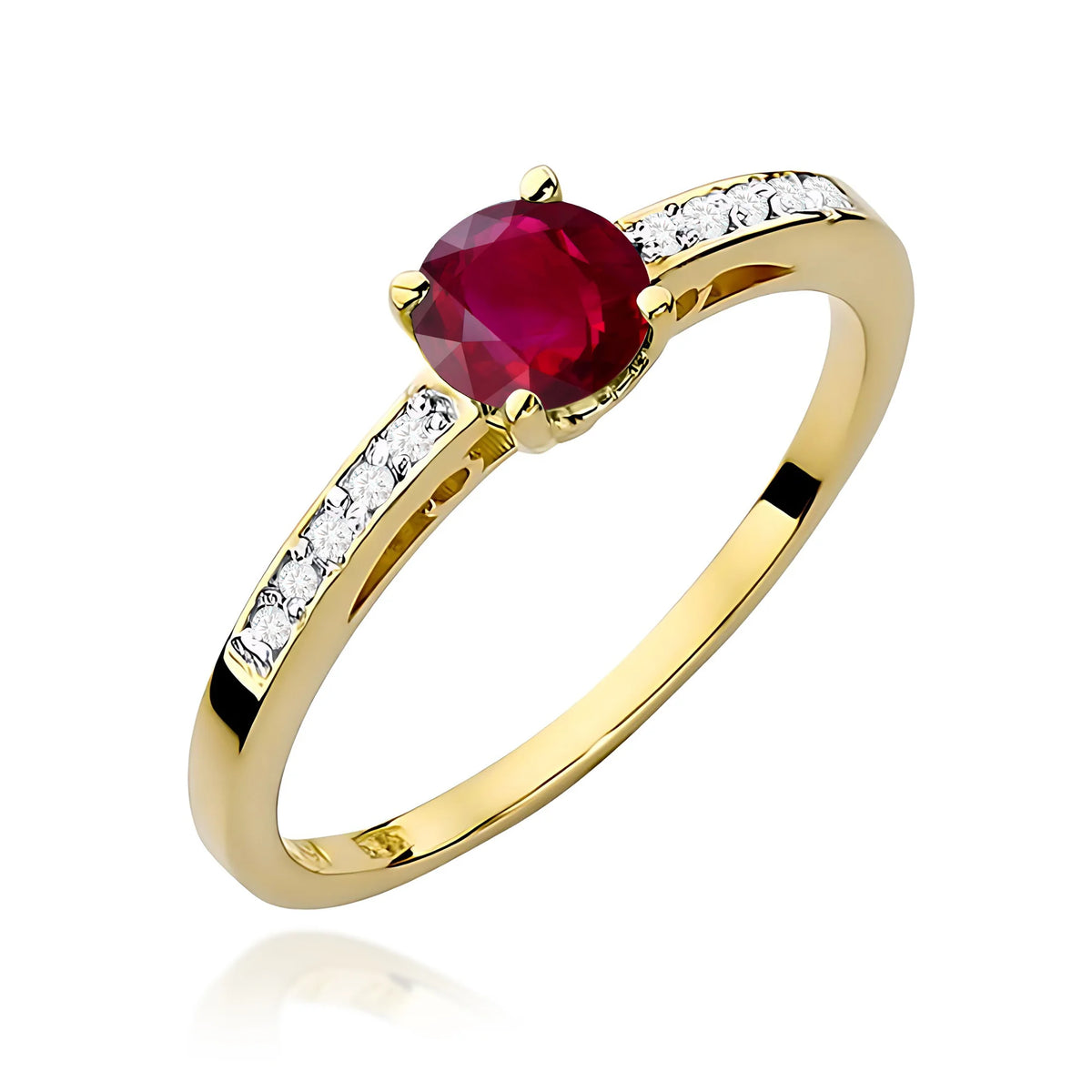Ring mit diamantbesetzten Ringschultern aus 585er Gelbgold mit 0,60 ct Rubin und 0,05 ct Diamanten