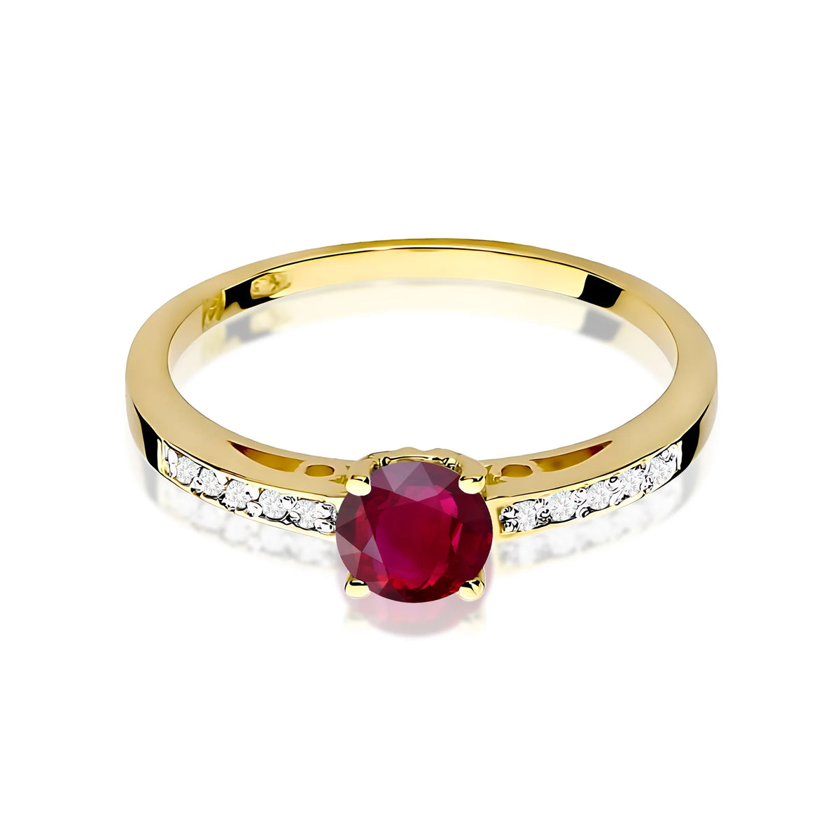 Ring mit diamantbesetzten Ringschultern aus 585er Gelbgold mit 0,60 ct Rubin und 0,05 ct Diamanten