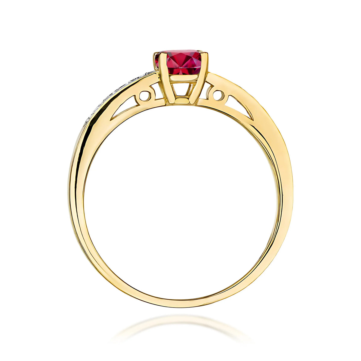 Ring mit diamantbesetzten Ringschultern aus 585er Gelbgold mit 0,60 ct Rubin und 0,05 ct Diamanten