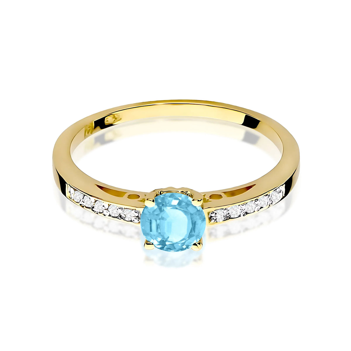 Ring mit diamantbesetzten Ringschultern aus 585er Gelbgold mit 0,50 ct Swiss-Blue-Topas und 0,05 ct Diamanten