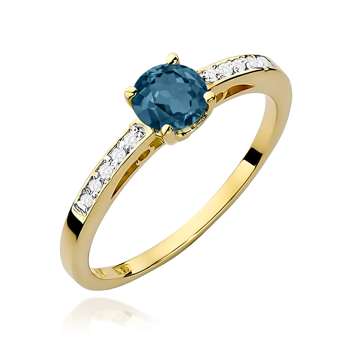 Ring mit diamantbesetzten Ringschultern aus 585er Gelbgold mit 0,50 ct London-Blue-Topas und 0,05 ct Diamanten