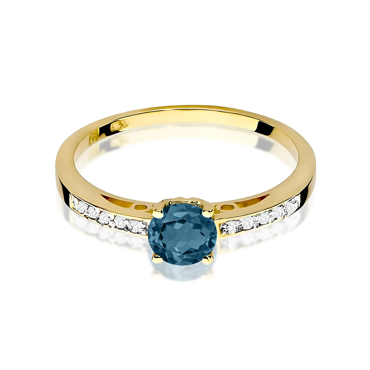 Ring mit diamantbesetzten Ringschultern aus 585er Gelbgold mit 0,50 ct London-Blue-Topas und 0,05 ct Diamanten