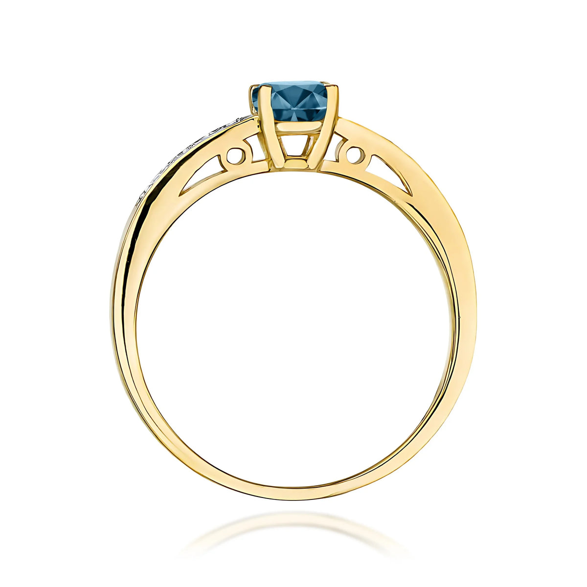 Ring mit diamantbesetzten Ringschultern aus 585er Gelbgold mit 0,50 ct London-Blue-Topas und 0,05 ct Diamanten