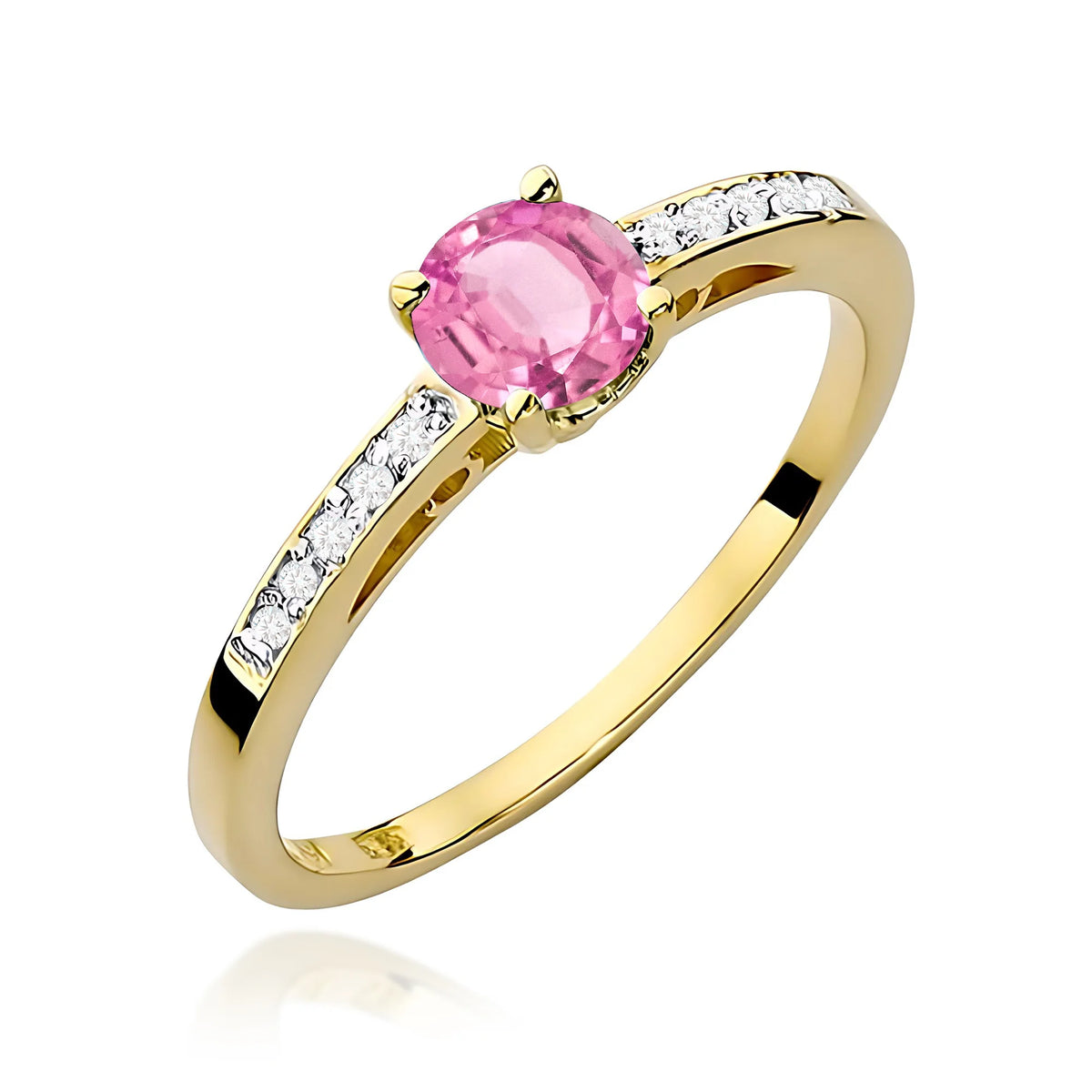 Ring mit diamantbesetzten Ringschultern aus 585er Gelbgold mit rosa Topas 0,60 ct und Diamanten 0,05 ct