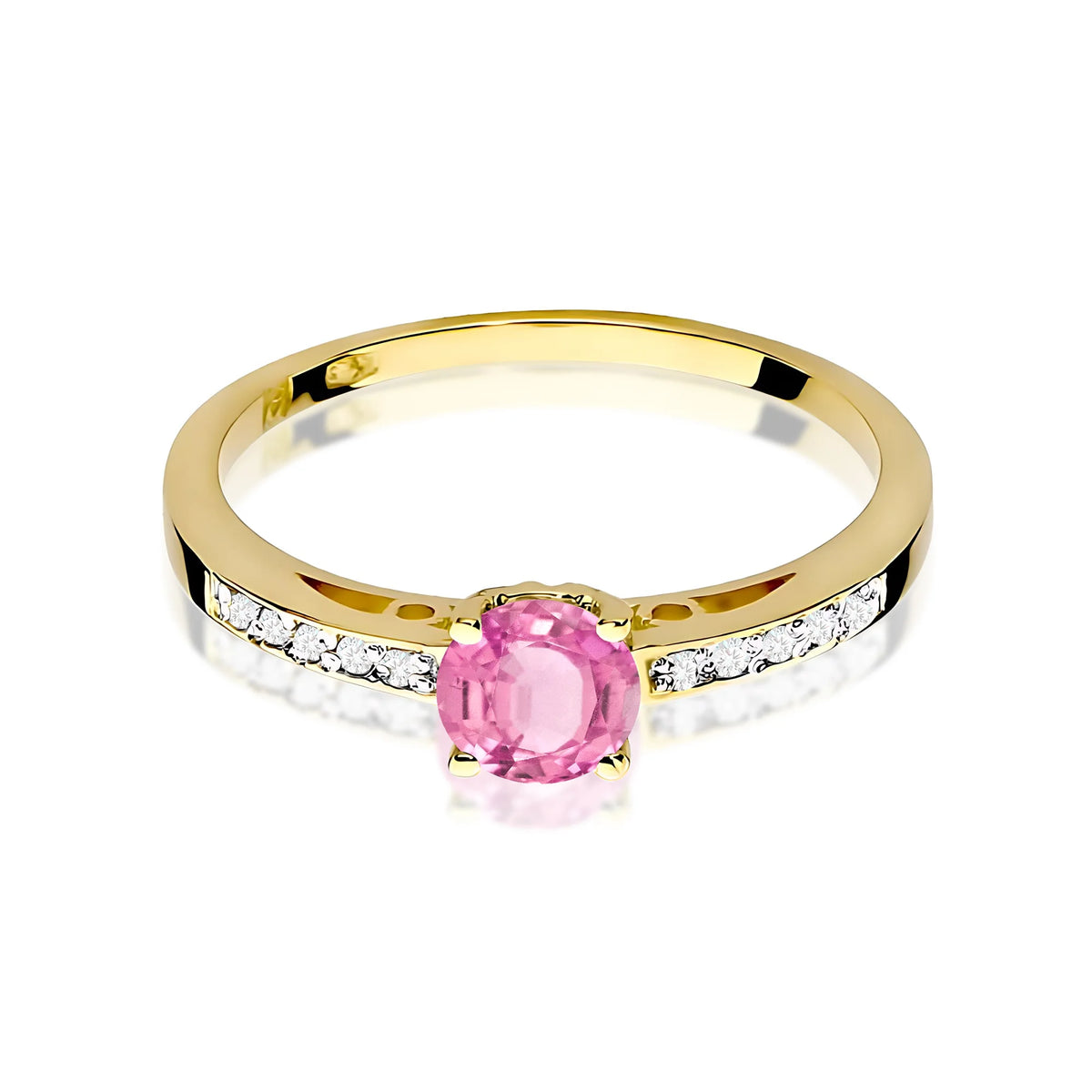 Ring mit diamantbesetzten Ringschultern aus 585er Gelbgold mit rosa Topas 0,60 ct und Diamanten 0,05 ct