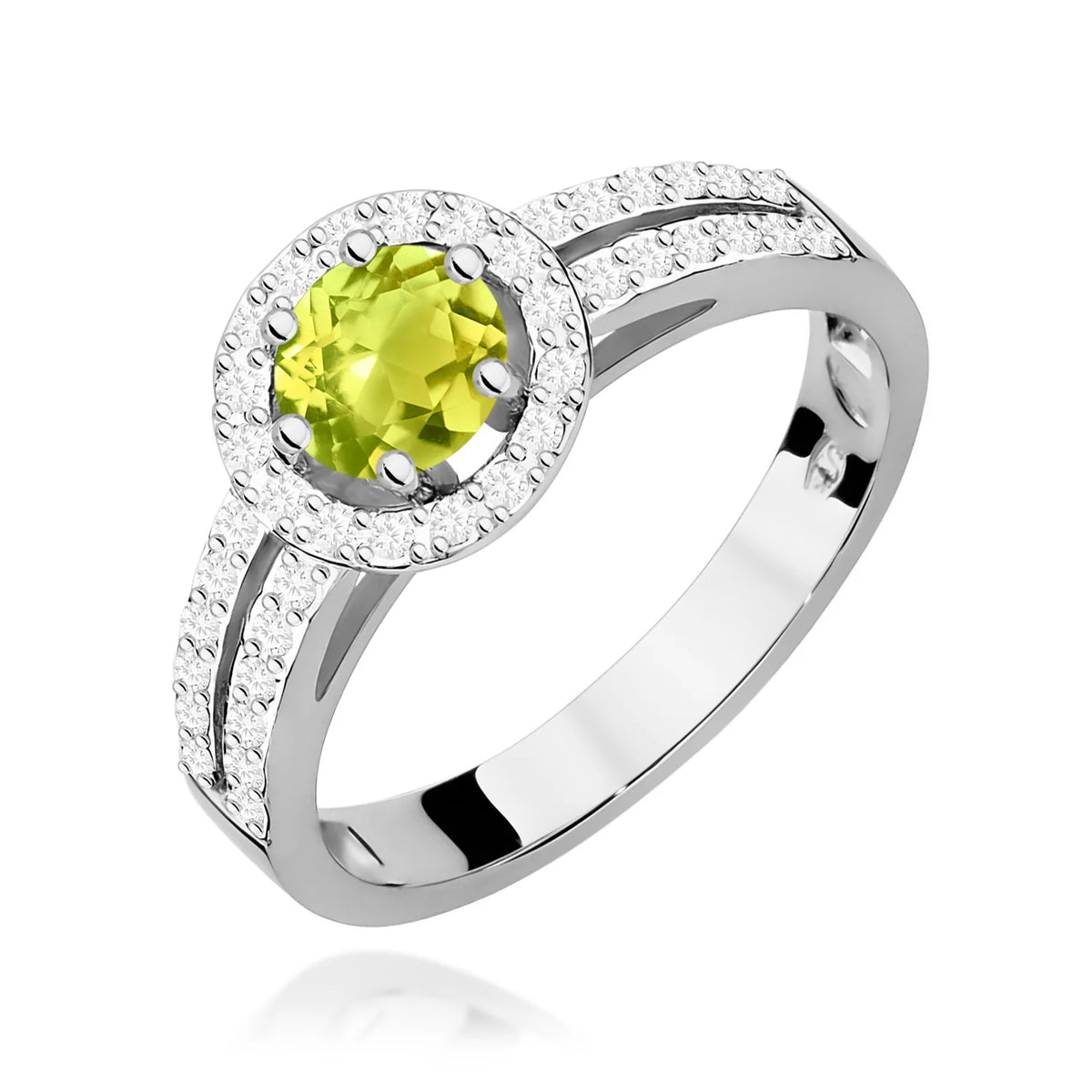 Ring aus Weißgold mit 0,60 ct Olivin und 0,20 ct Diamanten