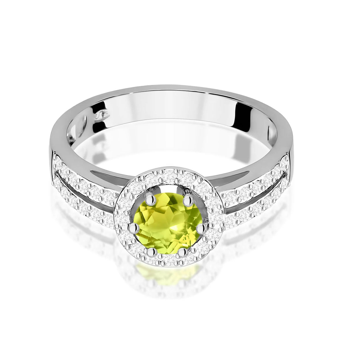 Ring aus Weißgold mit 0,60 ct Olivin und 0,20 ct Diamanten