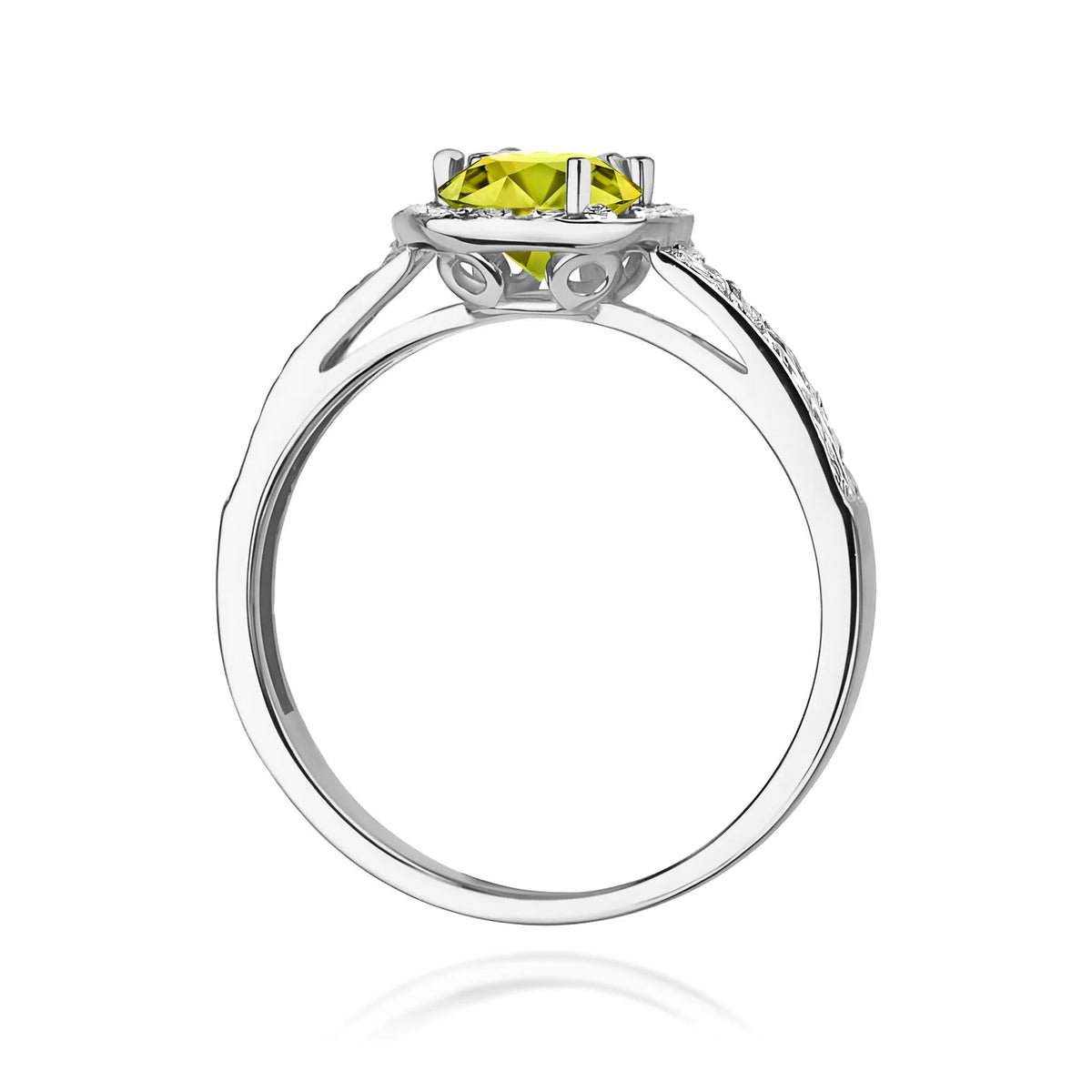 Ring aus Weißgold mit 0,60 ct Olivin und 0,20 ct Diamanten