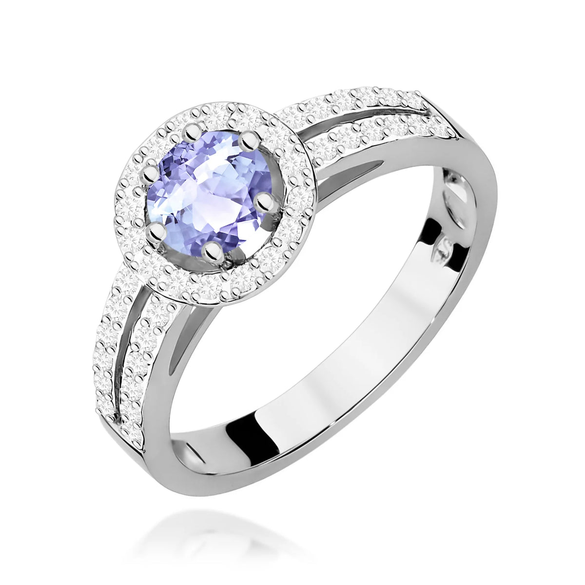 Halo-Pavé-Ring aus 585er Weißgold mit rundem Tansanit 0,50 ct und Diamanten 0,20 ct