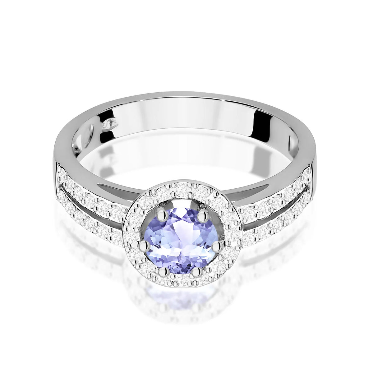 Halo-Pavé-Ring aus 585er Weißgold mit rundem Tansanit 0,50 ct und Diamanten 0,20 ct