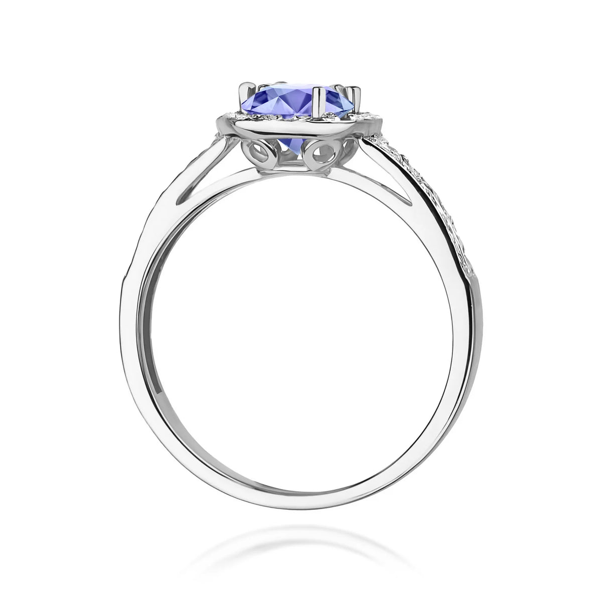 Halo-Pavé-Ring aus 585er Weißgold mit rundem Tansanit 0,50 ct und Diamanten 0,20 ct