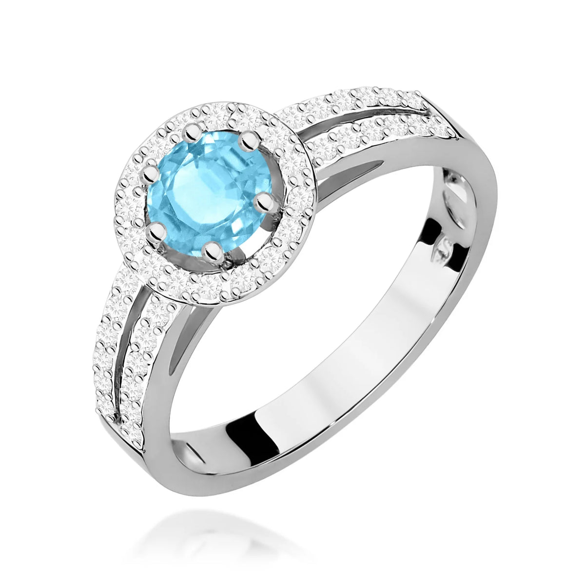 Halo-Pavé-Ring aus 585er Weißgold mit rundem Swiss-Blue-Topas 0,50 ct und Diamanten 0,20 ct