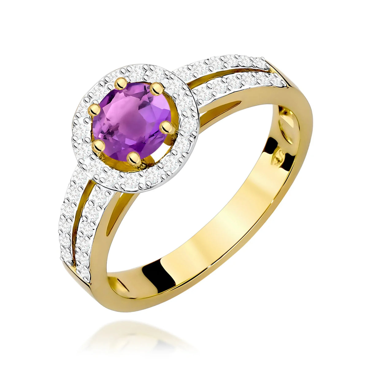 Halo-Pavé-Ring aus 585er Gelbgold mit rundem Amethyst 0,50 ct und Diamanten 0,20 ct