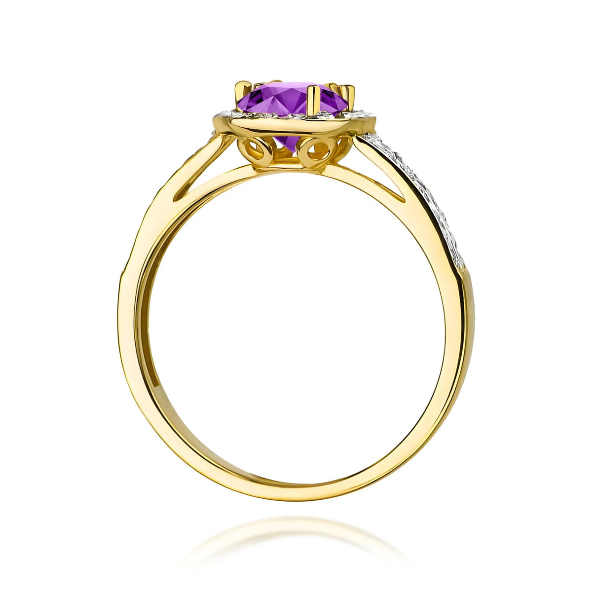 Halo-Pavé-Ring aus 585er Gelbgold mit rundem Amethyst 0,50 ct und Diamanten 0,20 ct