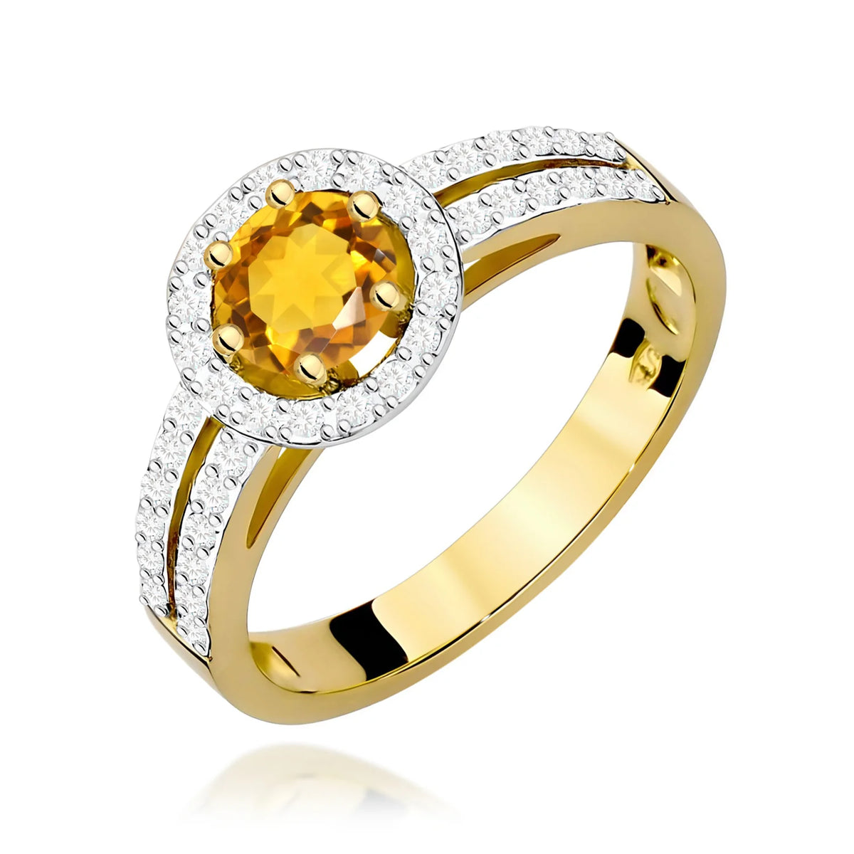 Halo-Pavé-Ring aus 585er Gelbgold mit rundem Citrin 0,50 ct und Diamanten 0,20 ct