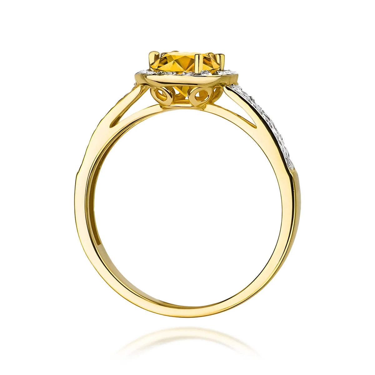 Halo-Pavé-Ring aus 585er Gelbgold mit rundem Citrin 0,50 ct und Diamanten 0,20 ct