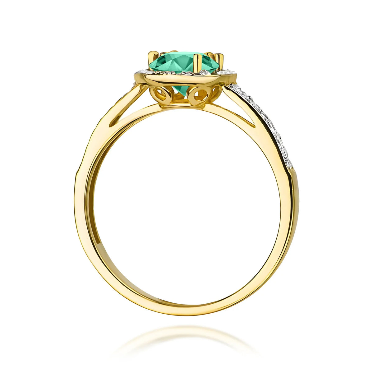 Halo-Pavé-Ring aus 585er Gelbgold mit rundem Smaragd 0,50 ct und Diamanten 0,20 ct