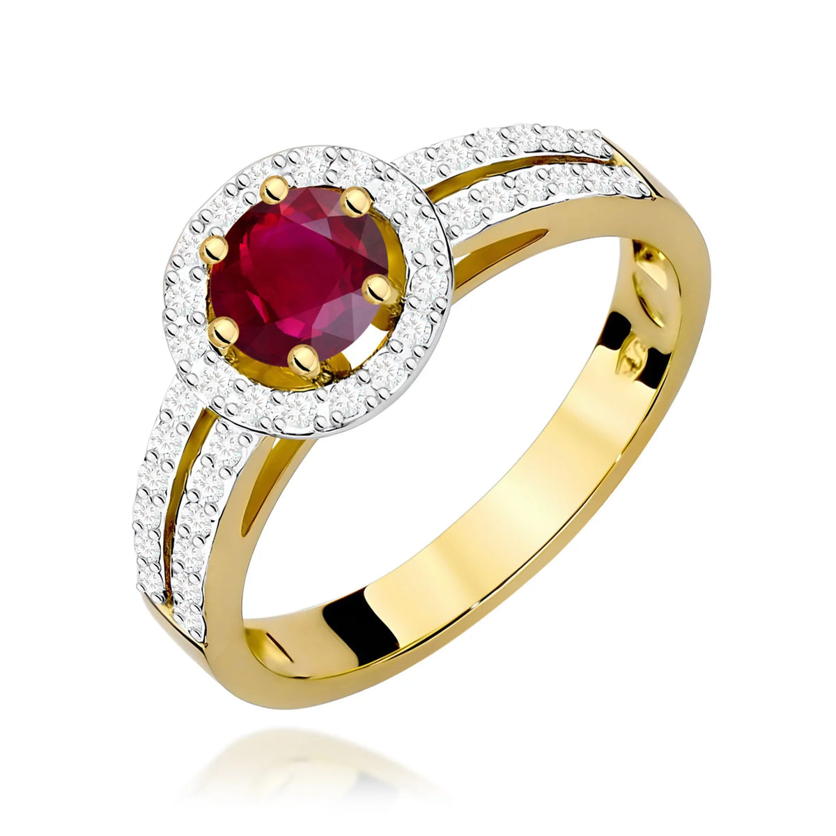 Halo-Ring aus 585er Gelbgold mit rundem Rubin 0,60 ct und Diamanten 0,2 ct
