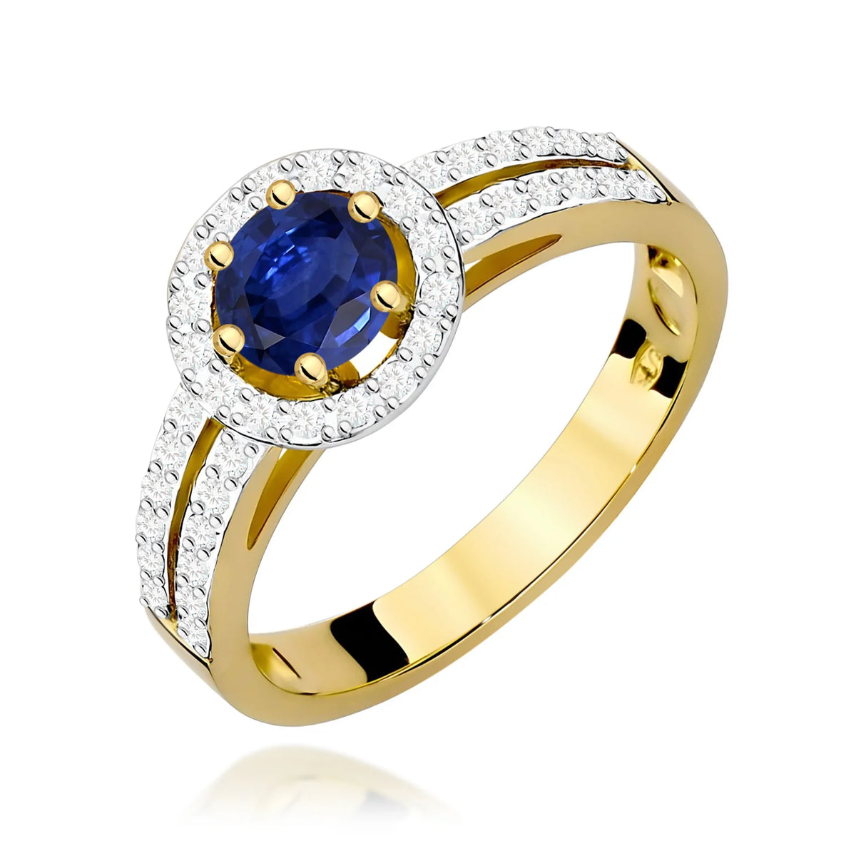 Halo-Pavé-Ring aus 585er Gelbgold mit rundem blauen Saphir 0,50 ct und Diamanten 0,20 ct