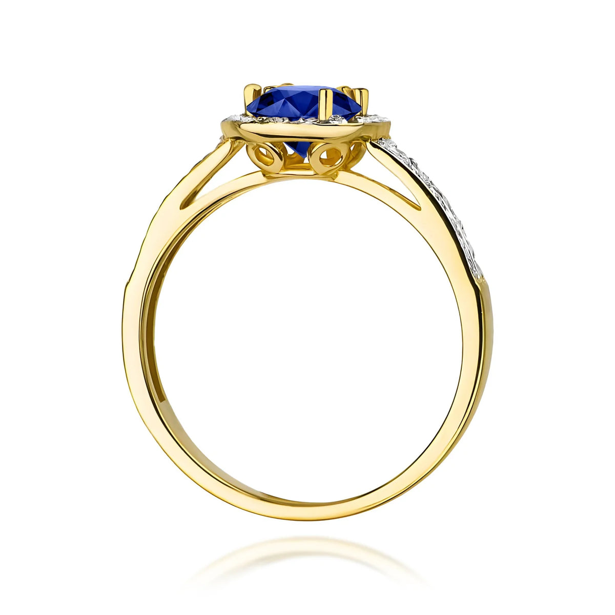 Halo-Pavé-Ring aus 585er Gelbgold mit rundem blauen Saphir 0,50 ct und Diamanten 0,20 ct