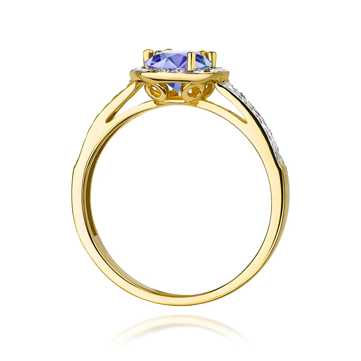 Halo-Pavé-Ring aus 585er Gelbgold mit rundem Tansanit 0,50 ct und Diamanten 0,20 ct