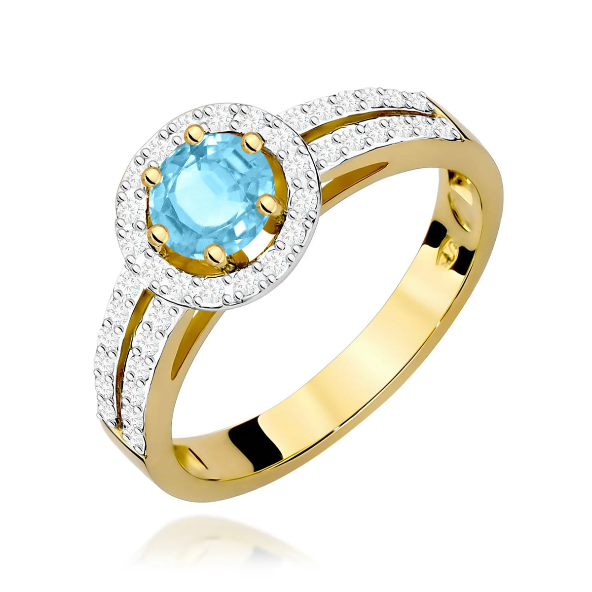 Halo-Pavé-Ring aus 585er Gelbgold mit rundem Swiss-Blue-Topas 0,50 ct und Diamanten 0,20 ct